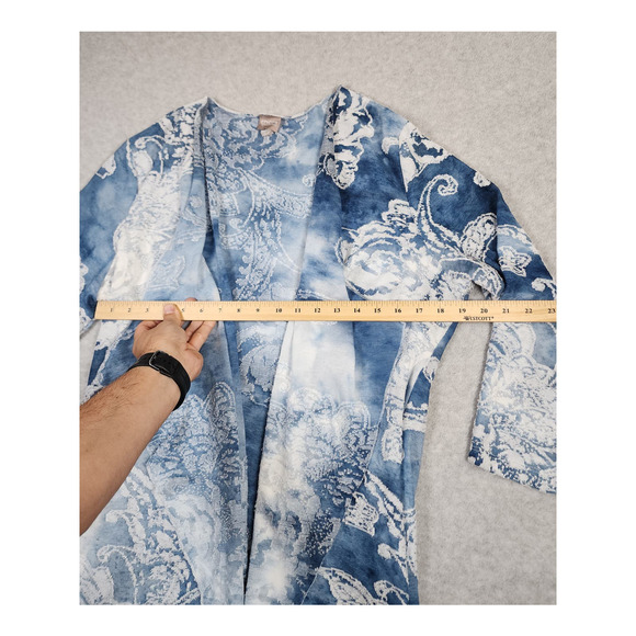 Chico's Sz L Blue Floral Paisley Waterfall Front Boho Beachy Cardigan Sweater - Picture 6 of 10